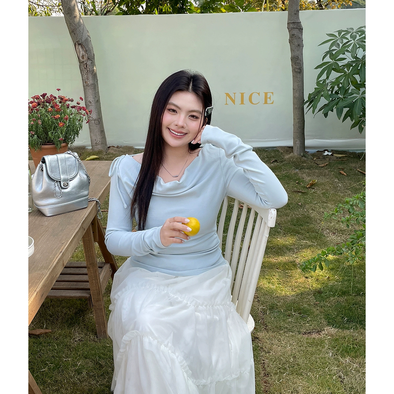 大码女装2025新款一字肩上衣高级感早春款胖mm长袖独特超好看t恤