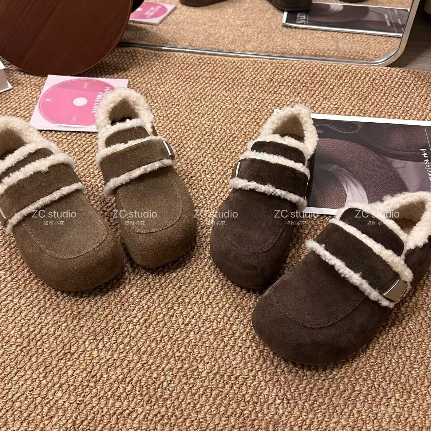 【珍珍家】浅口圆头磨砂皮豆豆鞋勃肯加绒软底韩版雪地靴