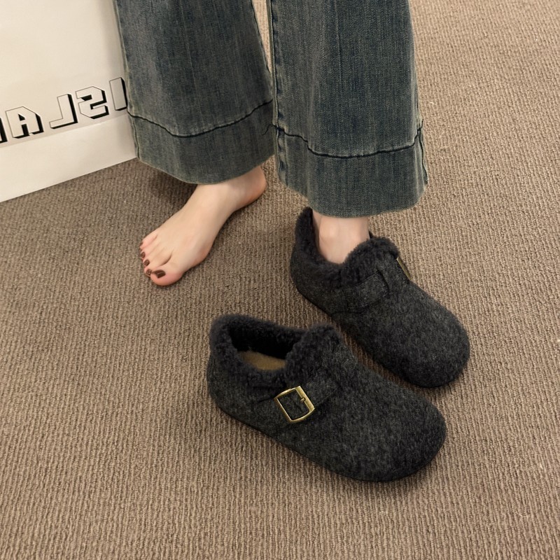 百搭纯色复古港风单鞋女冬加绒浅口鞋网红女鞋防滑加厚软底