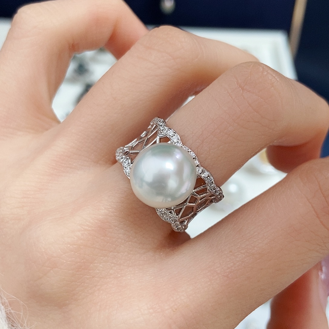 戒指银S925镶嵌海水珍珠澳白戒指