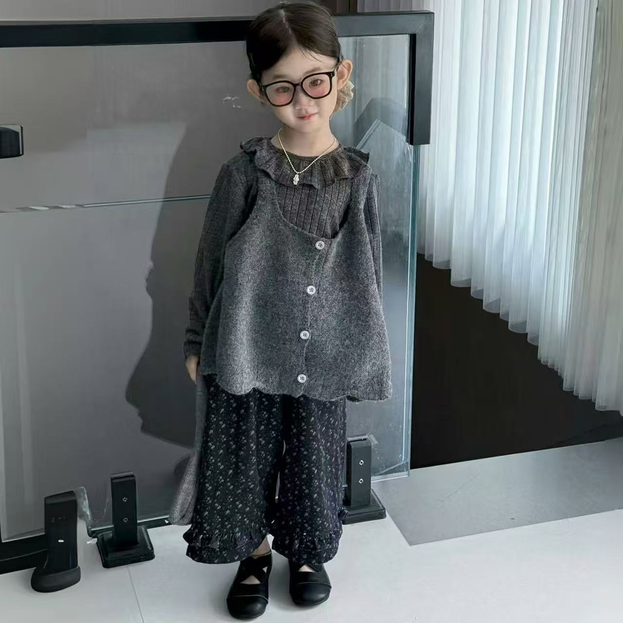 套装外套春秋碎花洋气纯色常规女韩版秋季女童三件套