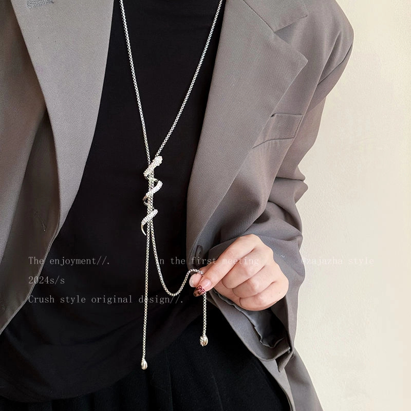 钛钢项链 蛇形锆石项链女轻奢高级感毛衣链气质卫衣链