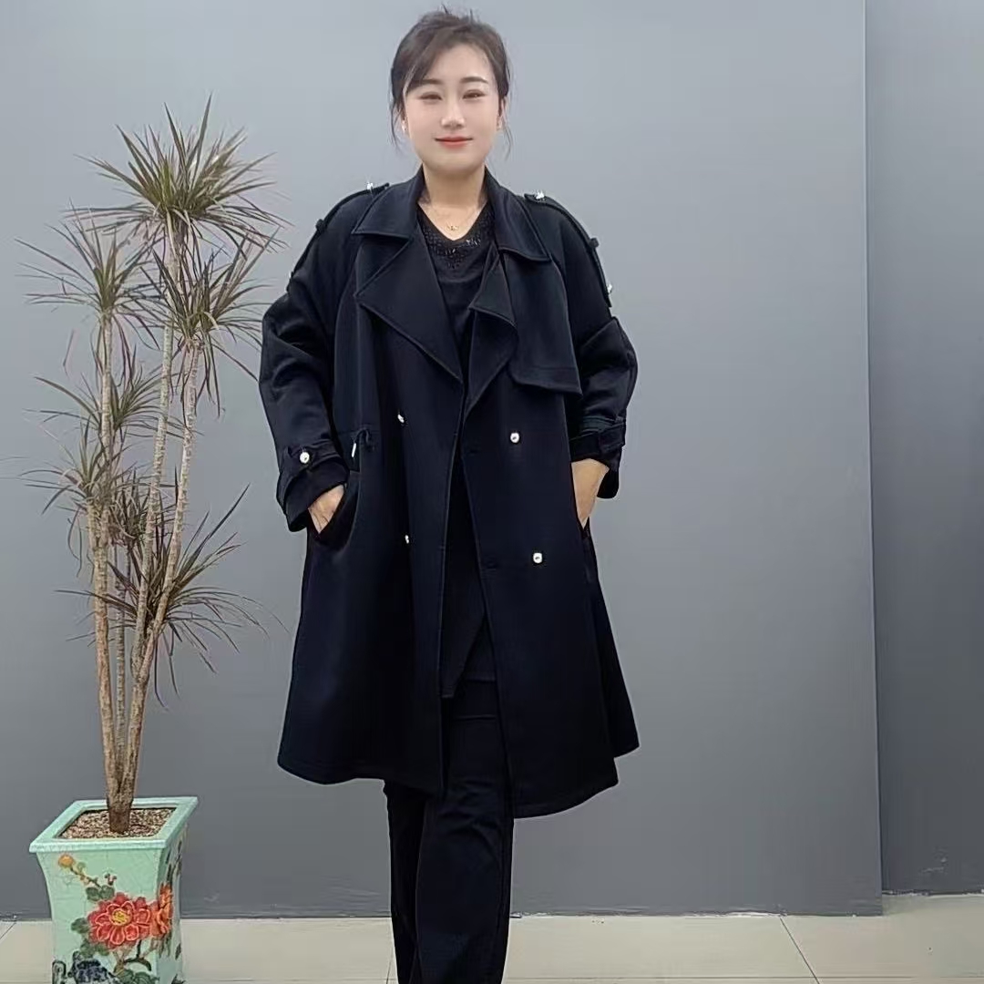 12秋季长款时尚大码风衣3015气质显瘦黑色简约经典高级感