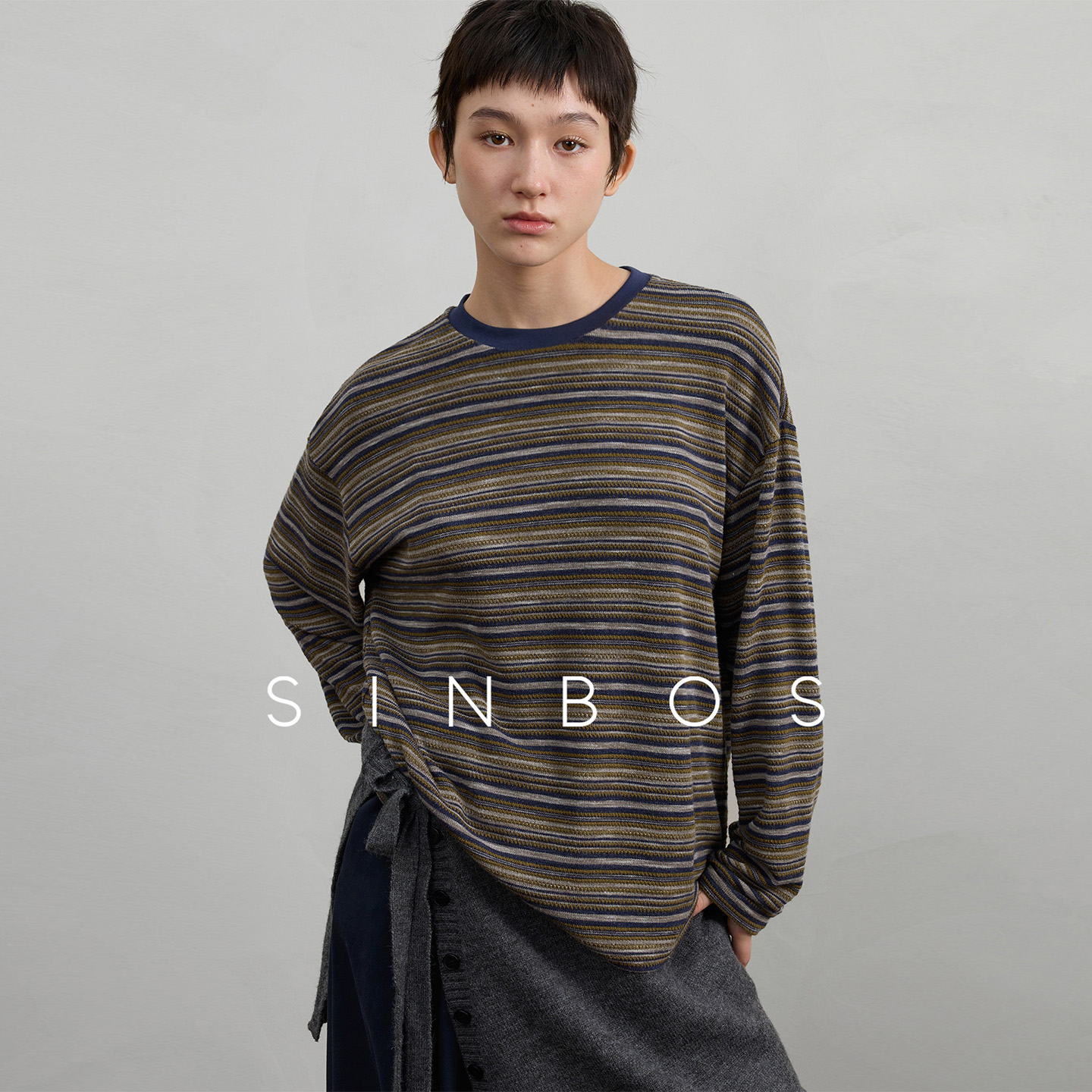 SINBOS梧桐树下 复古宽松渐变三色条纹针织长袖女秋2025秋季新款