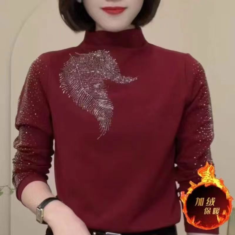 2024中老年女士加绒打底衫款式显瘦小衫百搭洋气高弹力长袖衫