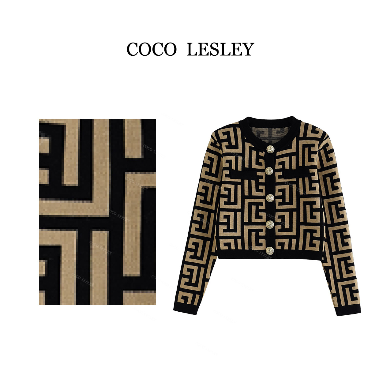 Lenc时髦复古提花拼色纽扣圆领针织开衫KS682