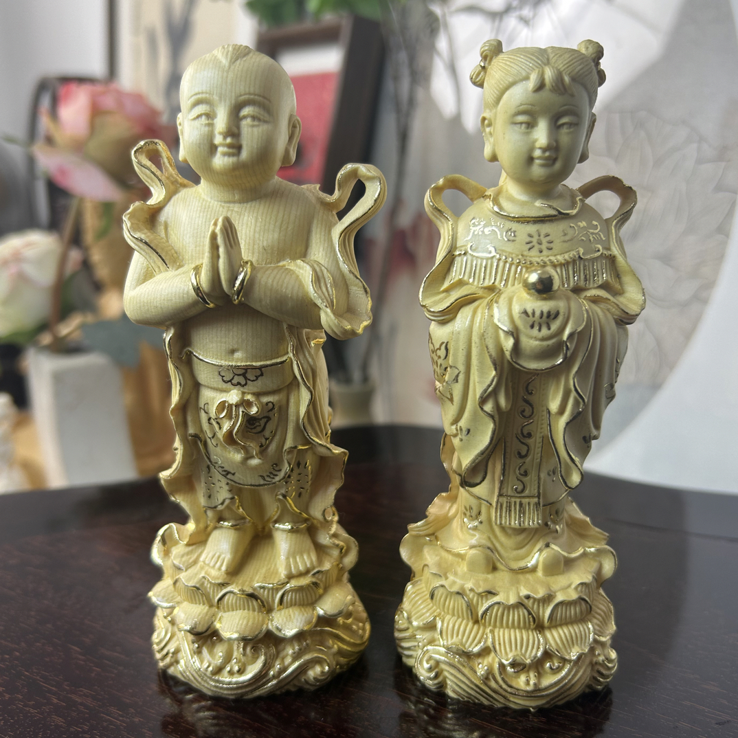 描金工艺金童玉女桧木木雕