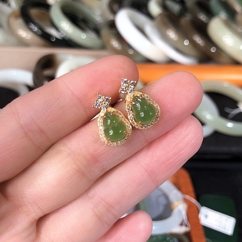 和田玉耳饰银S925镀金镶嵌