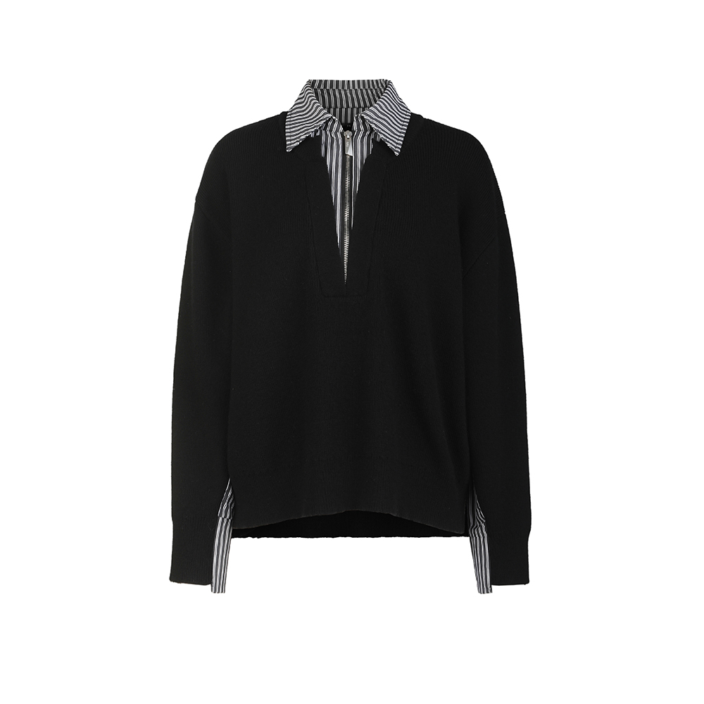 sdeer圣迪奥女装25年新品时尚翻领撞色条纹拼接针织衫S253Z3532