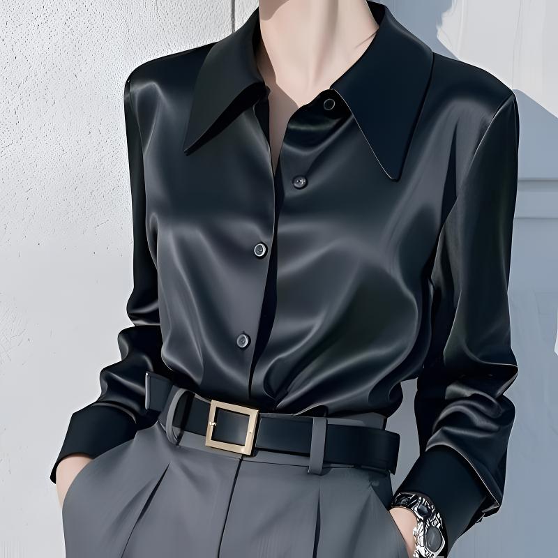 轻奢绝美黑色翻领缎面气质长袖衬衫女春秋款洋气通勤百搭职业衬衣