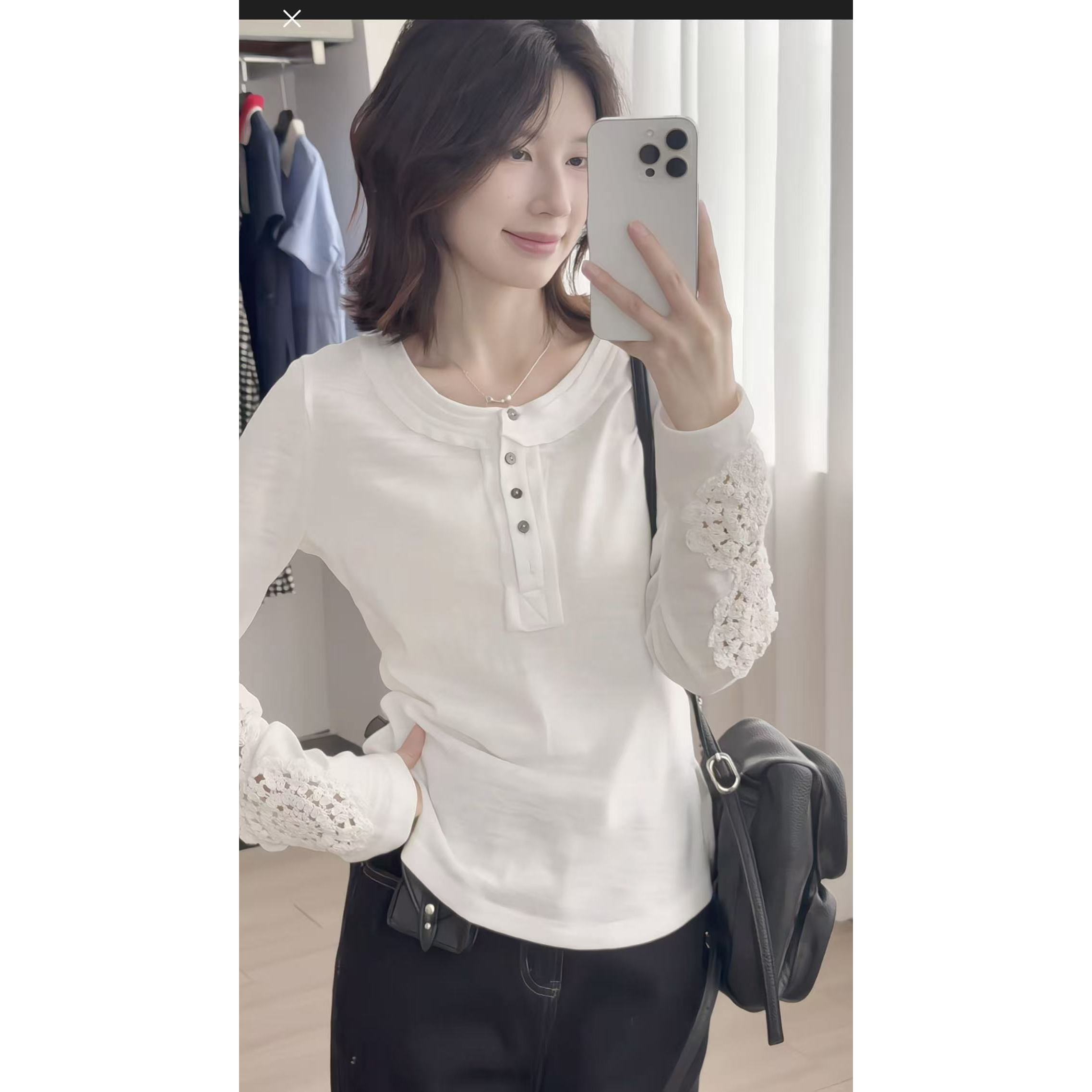 【阿凯自制】8383   圆领百搭袖口花边T恤上衣 （衣长56）