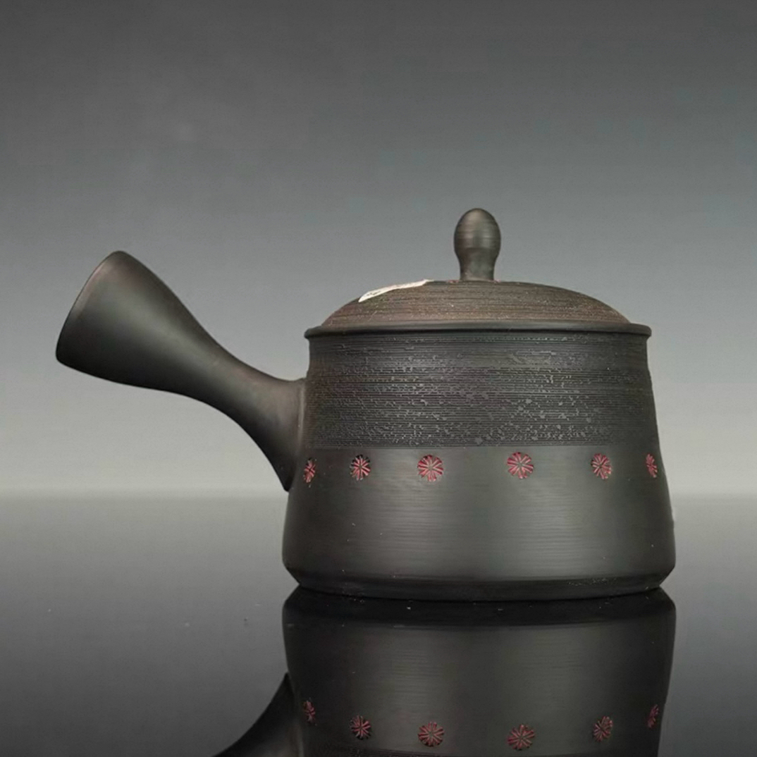 日本 常滑烧 玉光作 富士形 花卉 横手急須侧把壶 泡茶壶
