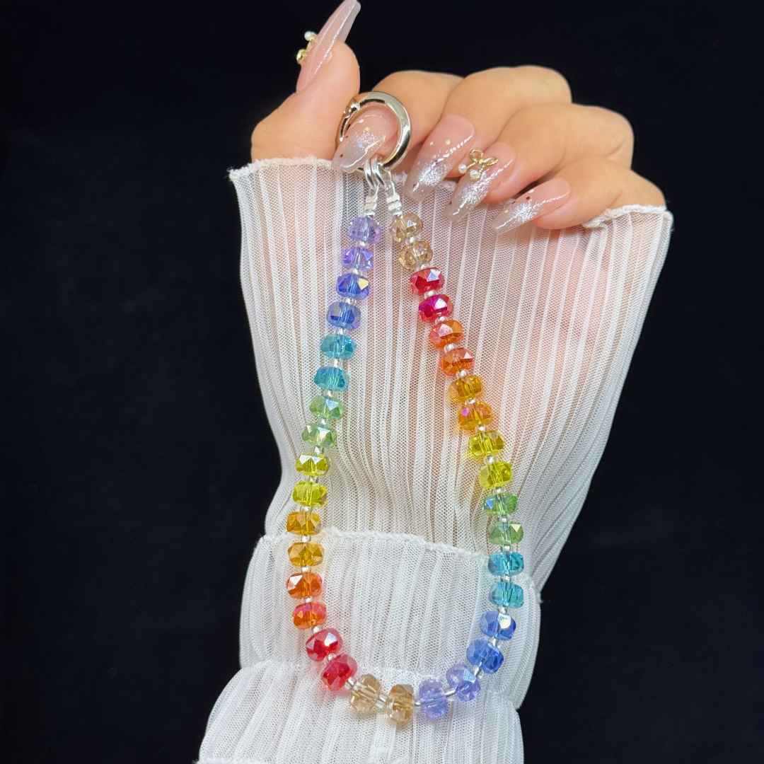 原创短款挂脖晶晶手机挂链韩系轻奢彩虹斜挎手机链钥匙扣包包挂饰