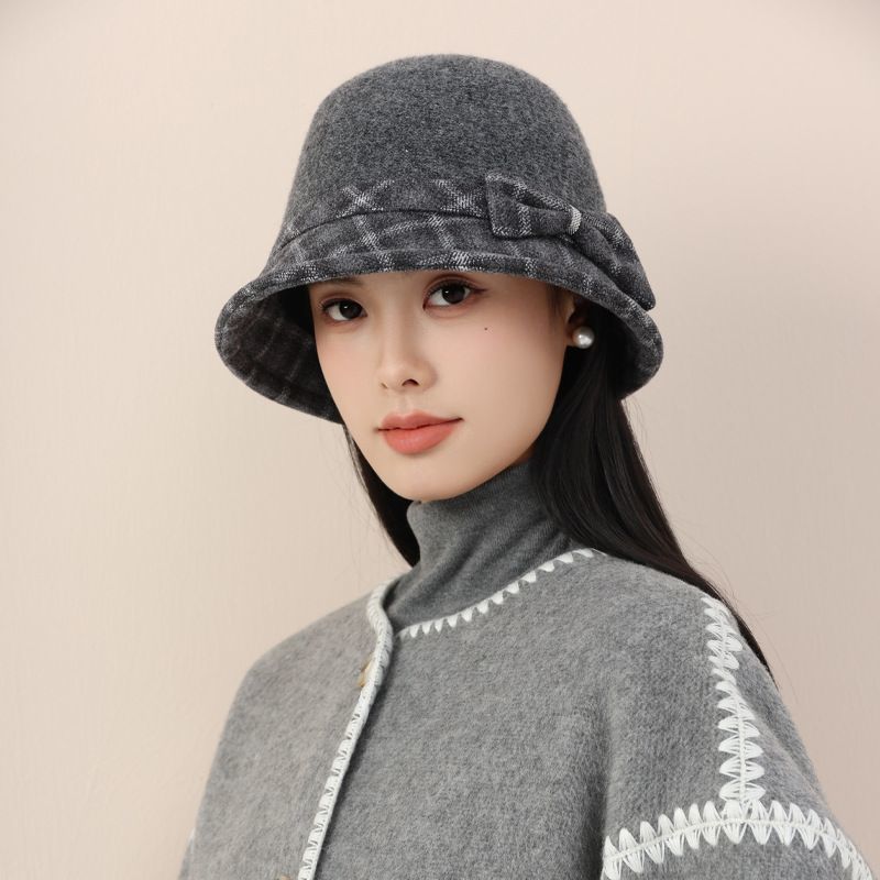 时尚帽子秋冬中蝴蝶结女士毛毛轻奢大头围显脸小渔夫帽针织水桶帽