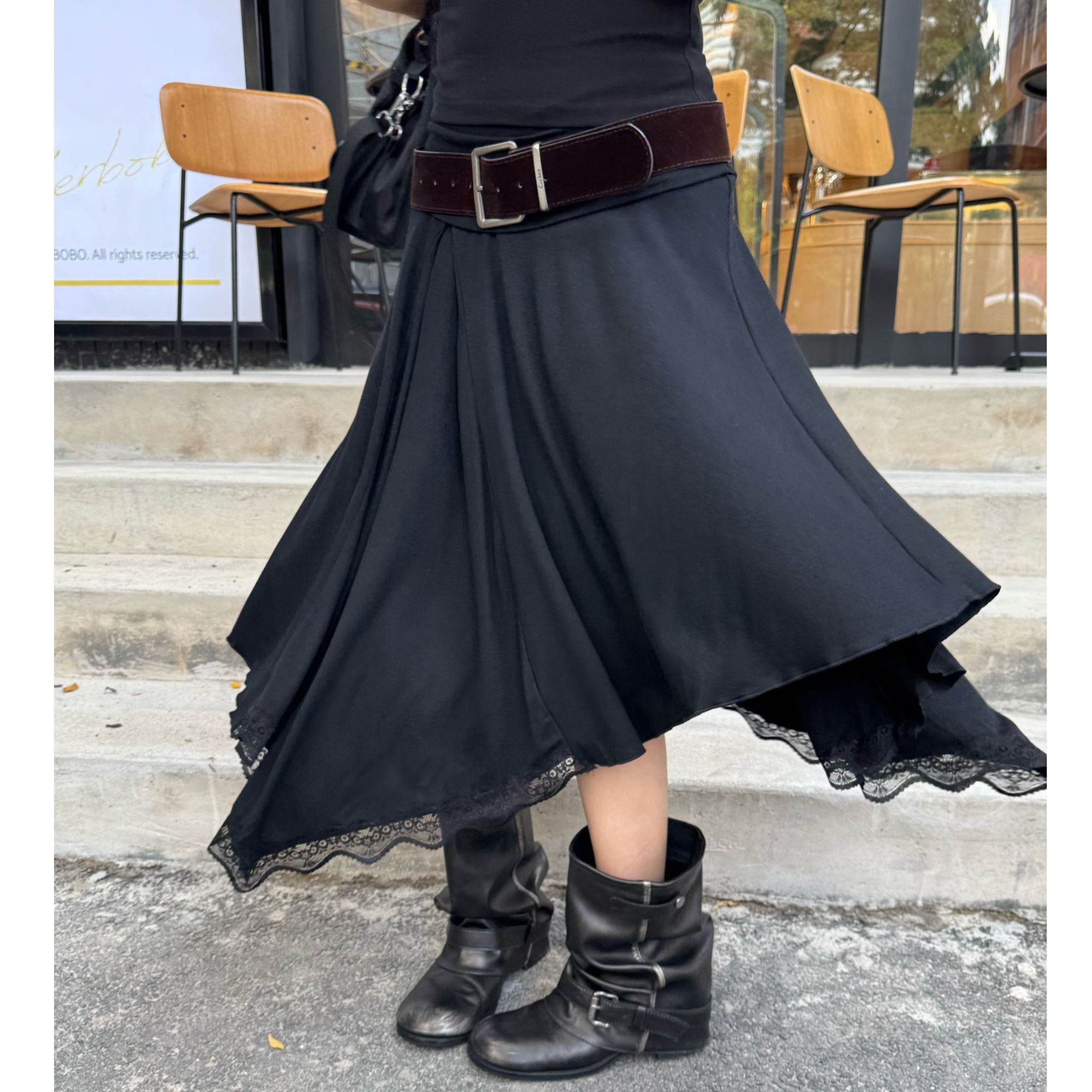 【清】2025秋季时髦街头风不规则蕾丝下摆裙抽褶宽松堆叠半裙Q486