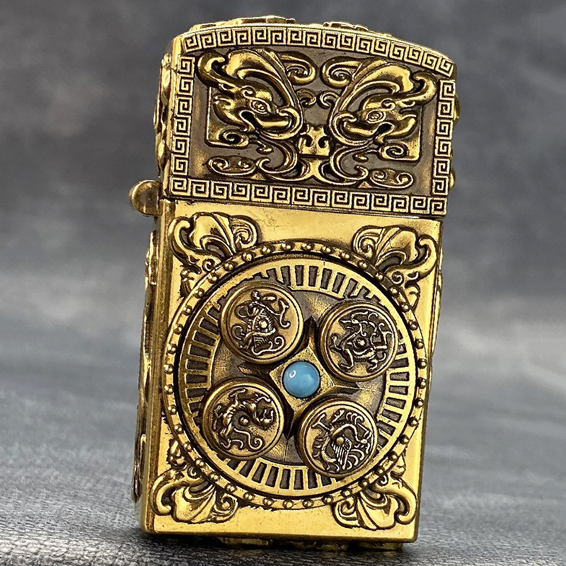 四大神兽窄机贴章面旋转煤油打火机创意纤巧金属防风黄