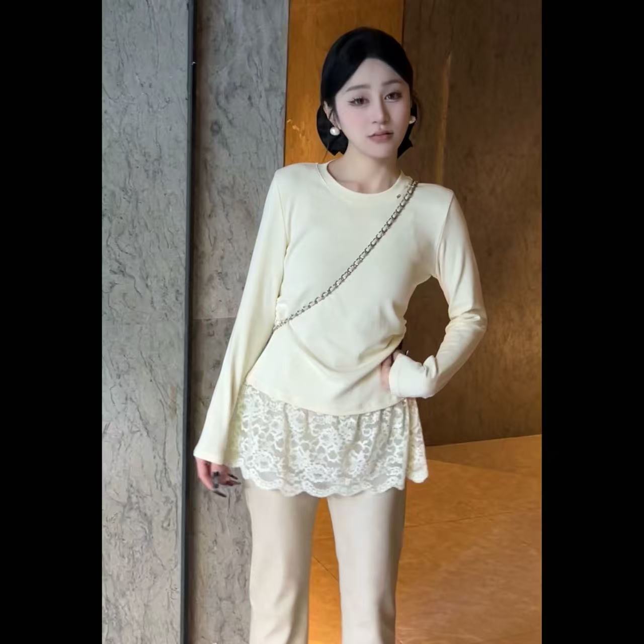 TANMEI 圆领长袖打底衫纯欲蕾丝亮片衬衫百搭设计师网红重工