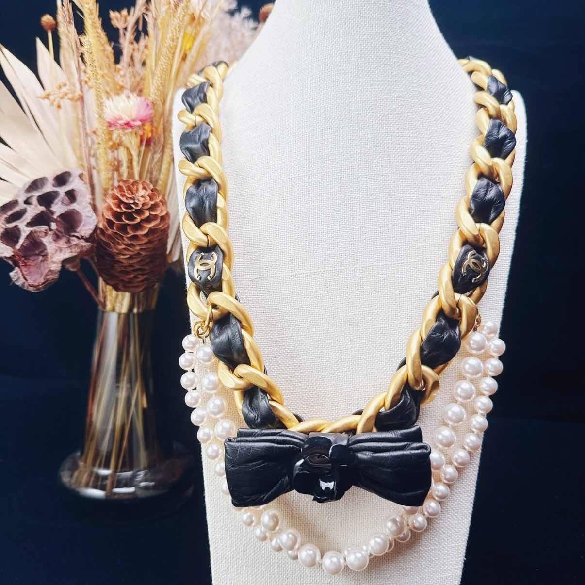 95新 Chanel/香奈儿 柚礼中古/香奈儿蝴蝶结皮穿珍珠腰链ln512004