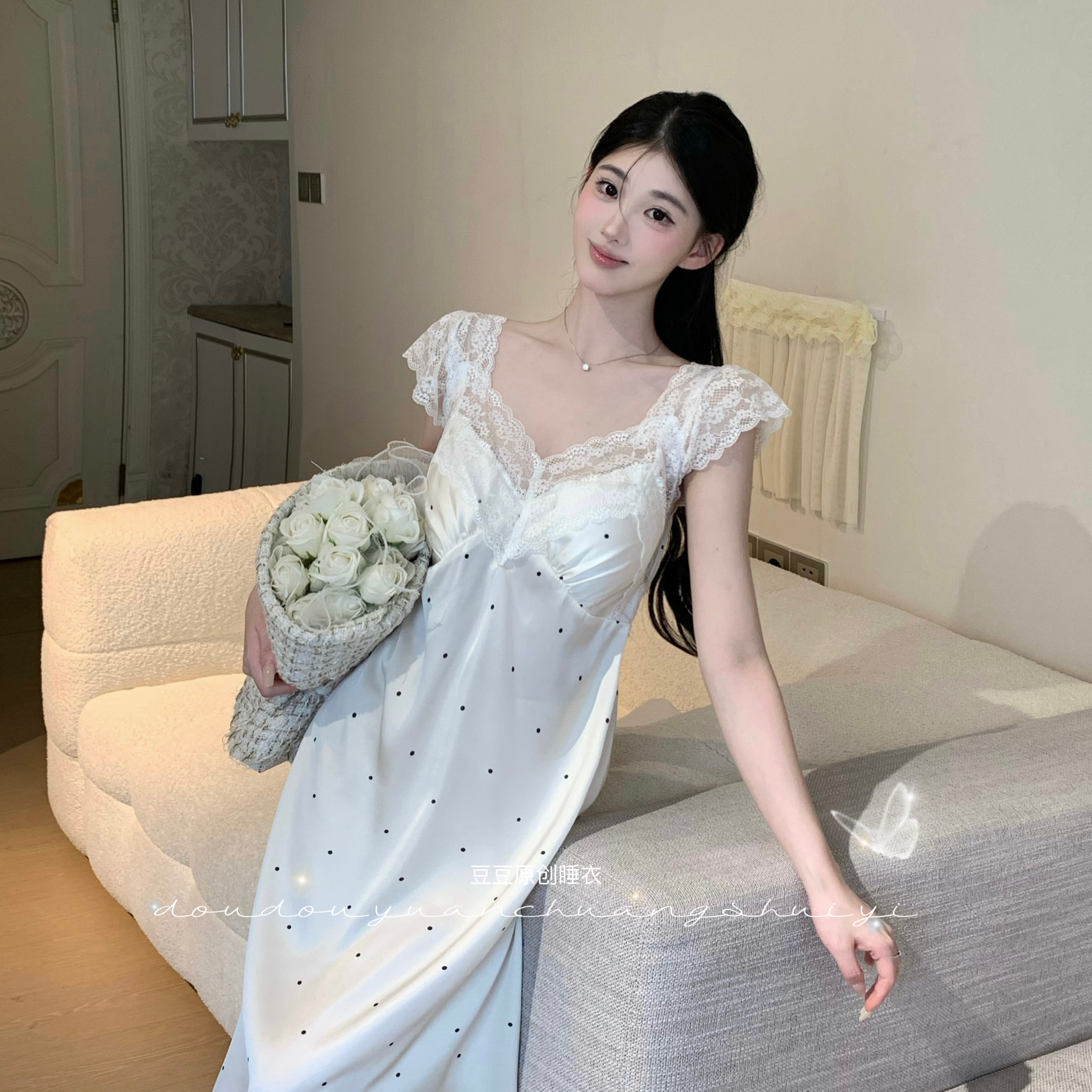 2豆【赫本小香】无袖睡裙夏款轻薄短袖蕾丝显瘦显白睡衣女