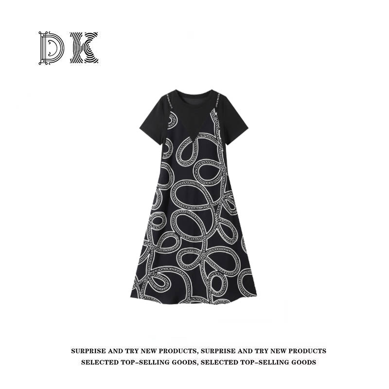 DK 2025夏季女装 拼接假两件复古印花圆领短袖连衣裙 52208