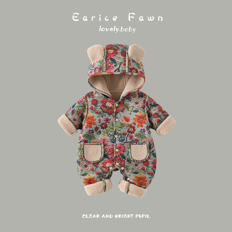 DD婴儿衣服冬季宝宝加棉加厚连体衣外出保暖连帽爬爬服满月百天棉