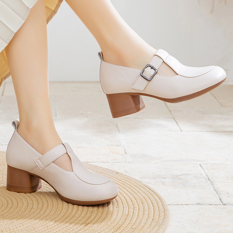 新款玛丽珍单鞋春秋软底粗跟真皮女鞋百搭时尚复古风高跟鞋25208