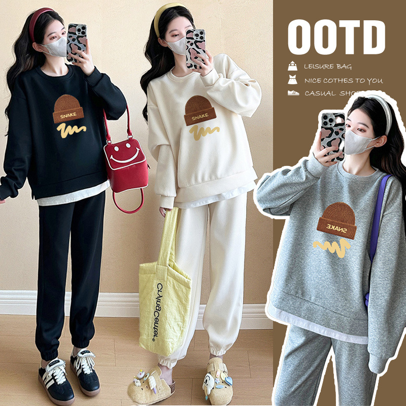 春季时尚帽子小蛇孕妇装卫衣套装春秋季上衣宽松休闲洋气减龄套装