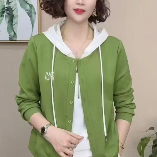 套头款长袖女常规开衫款纽扣卫衣韩版秋季连帽假两件卫衣