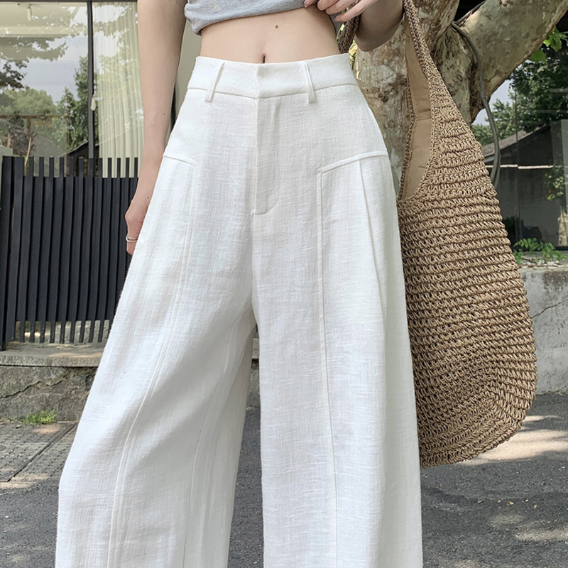 白色亚麻阔腿裤女夏薄款高腰垂感老钱风西装直筒阔腿夏季2507