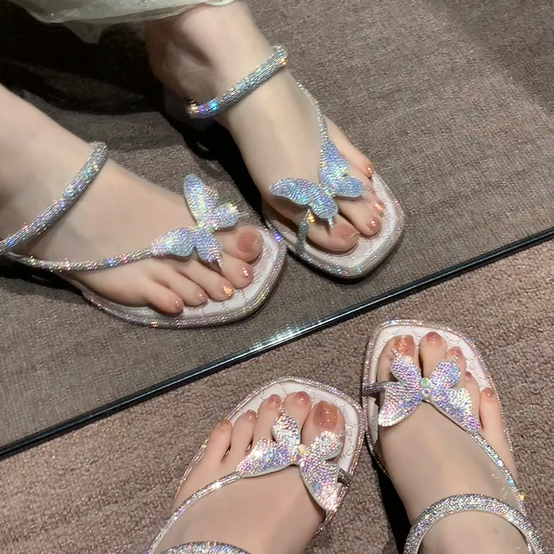 一字带高跟鞋女2025新款夏季仙女风蝴蝶水钻小众配裙子凉鞋
