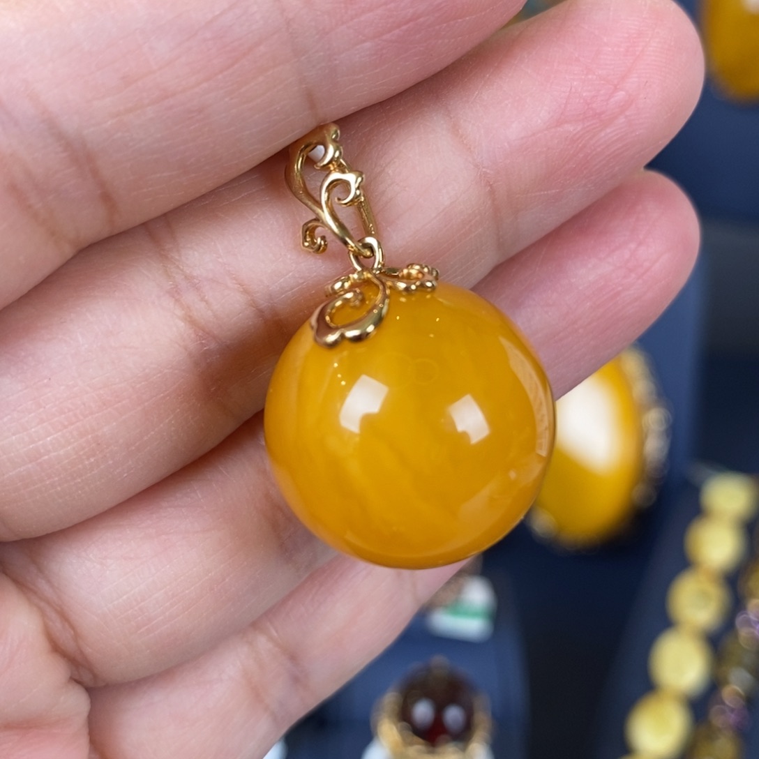 蜜蜡颈饰14K金镶嵌圆珠