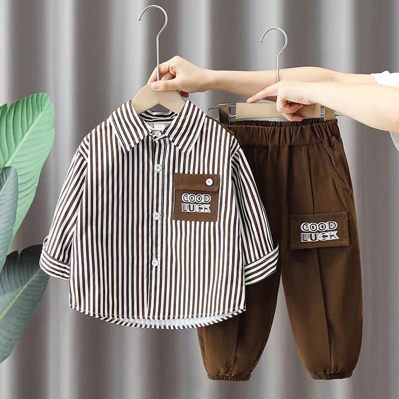 男童套装春装新款2025帅气洋气儿童条纹春秋衬衫男宝宝两件套