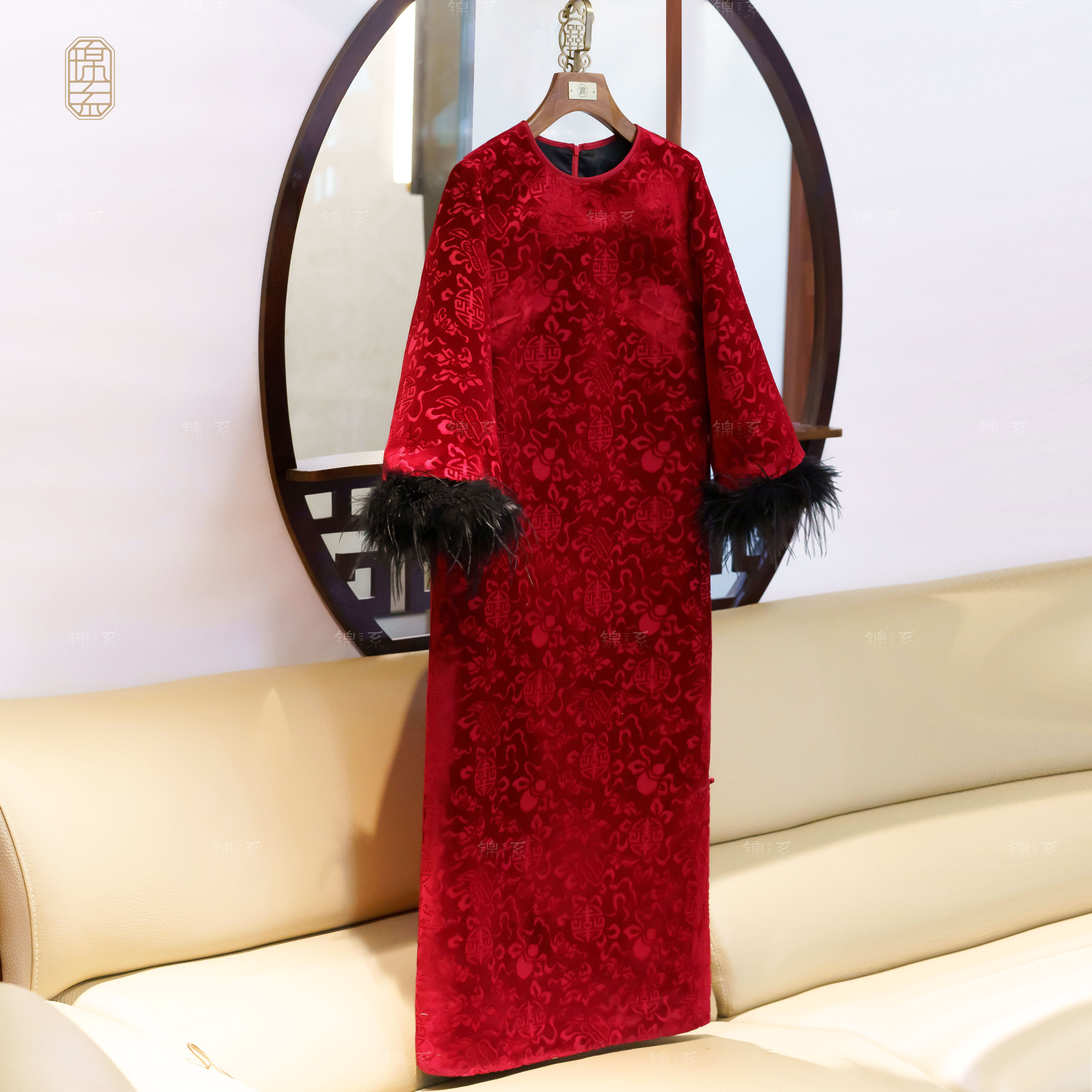 【锦系】漳绒拼鸵鸟毛新中式国风桑蚕丝圆领长袖连衣裙L-382409