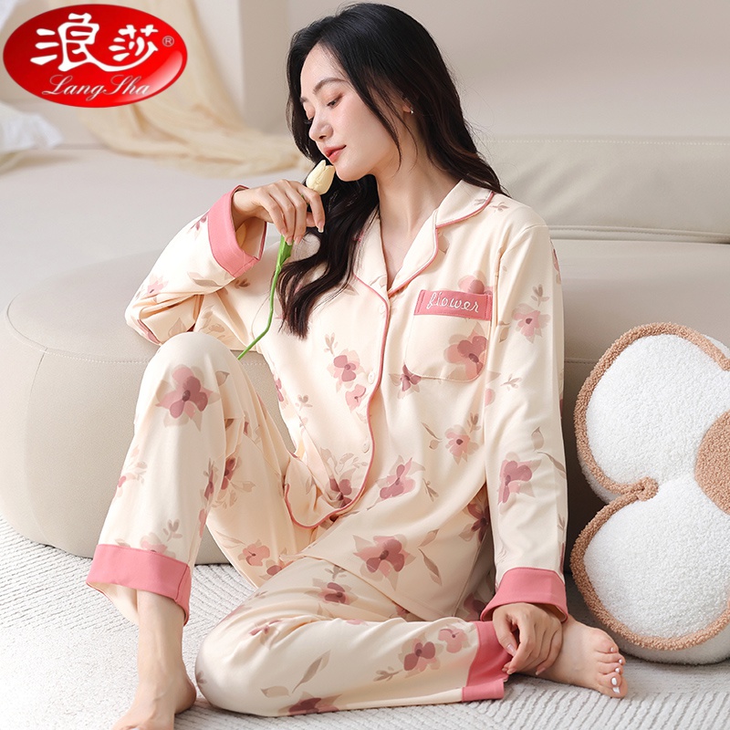 浪莎秋冬季休闲睡衣女长袖翻领秋冬天宽松休闲大码可外穿家居服套