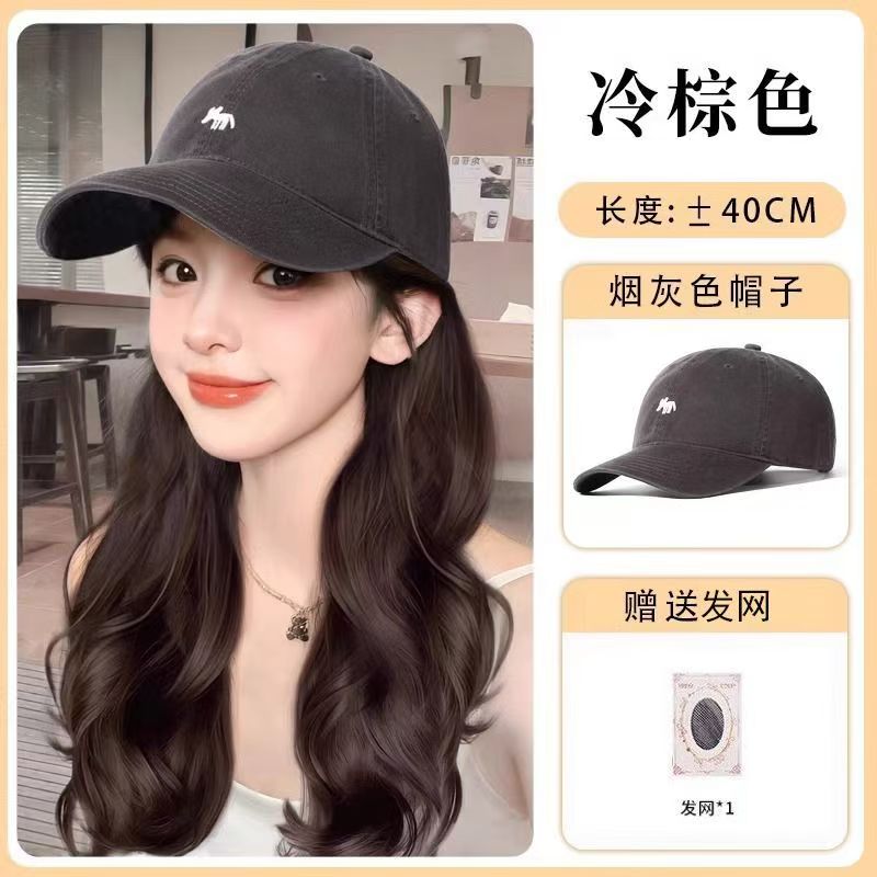 小狐狸棒球帽假发一体全头套大波浪卷发蓬松自然显发量