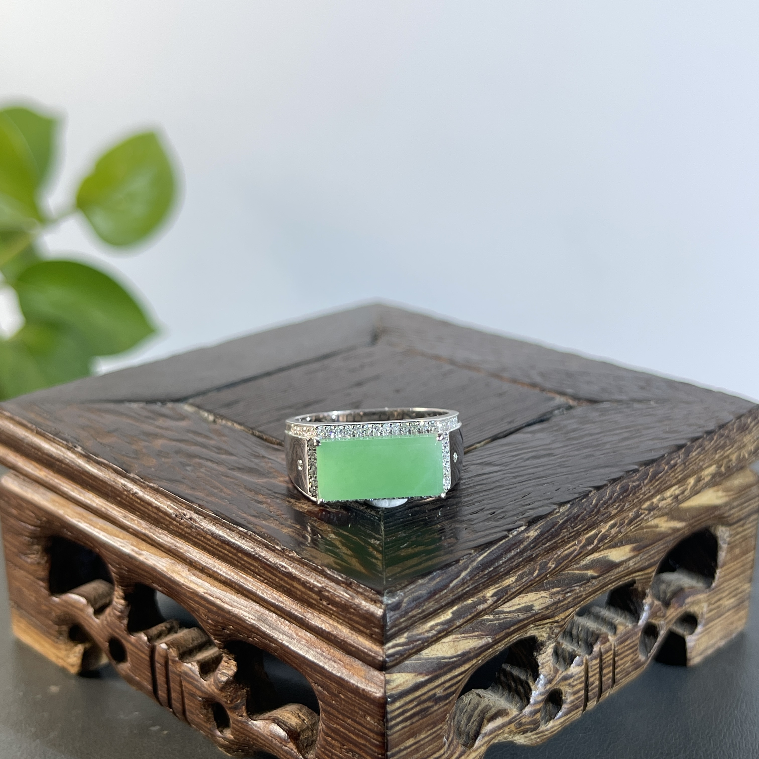 JXB01-230 天然缅甸A货翡翠  18K含钻镶嵌戒指20#