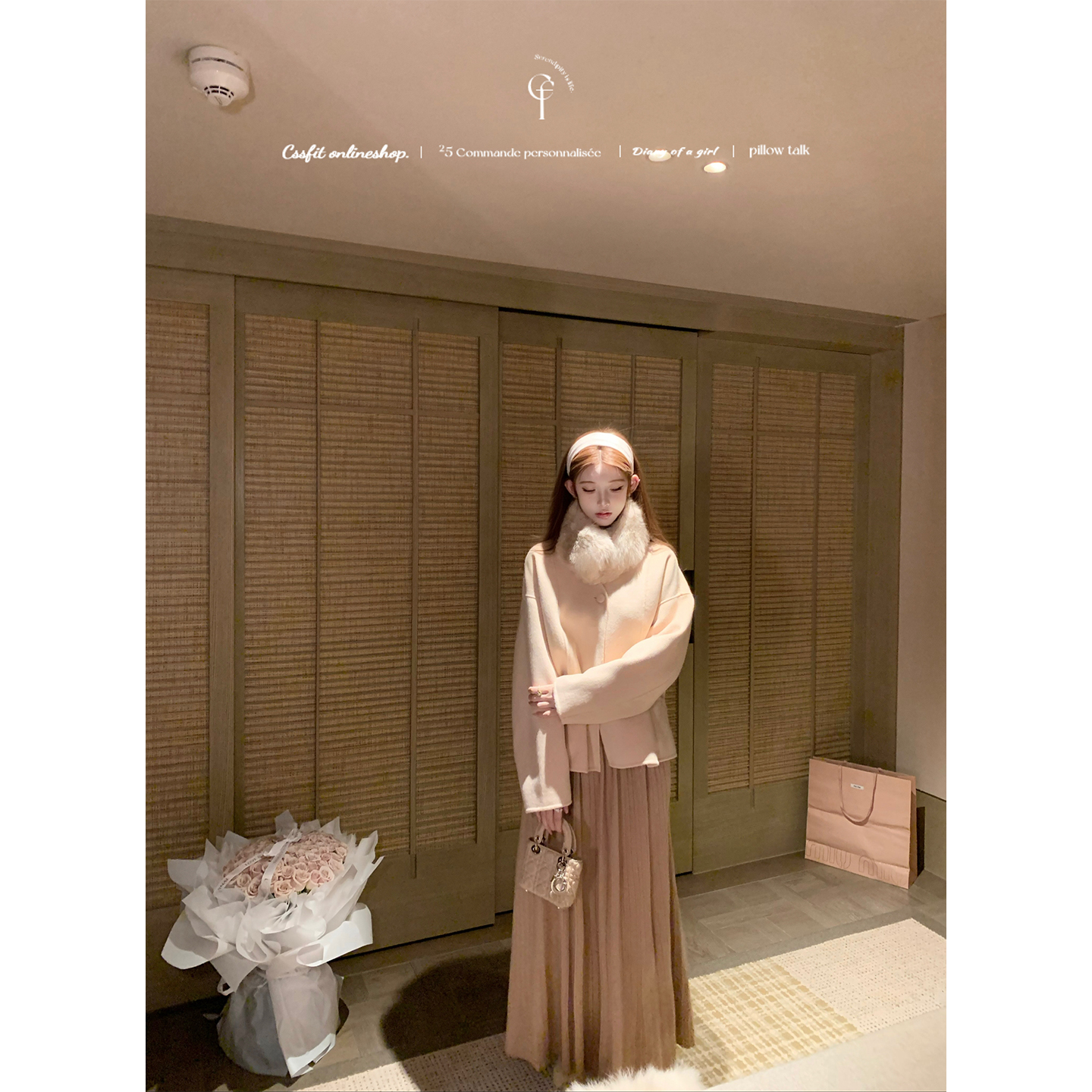 迟伞伞25/fw 绯色奶霜 定染杏粉兔 毛毛领 羊 毛手工双面呢大衣