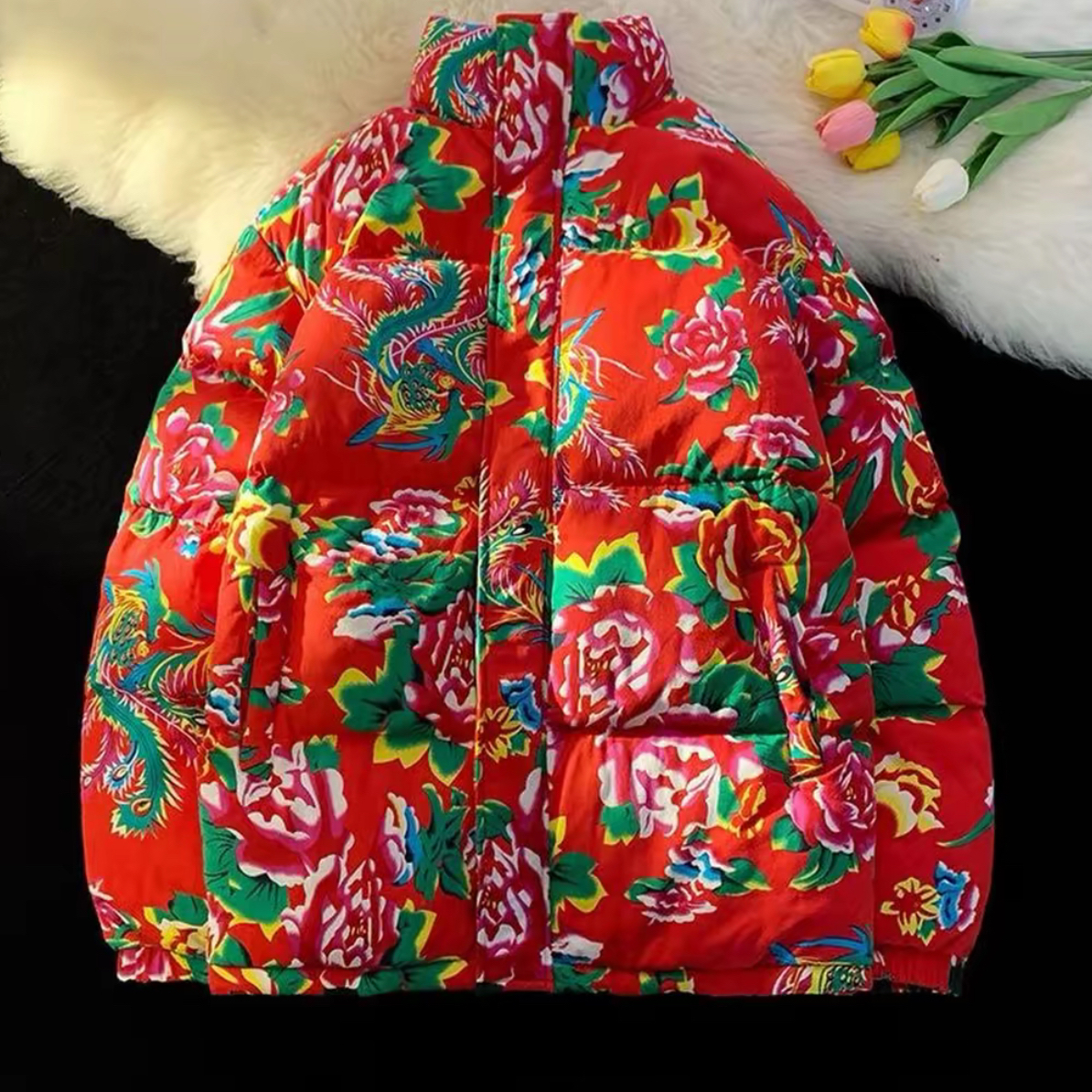 W立领款国潮大码加厚牡丹花连帽东北大花棉袄冬季保暖面包服