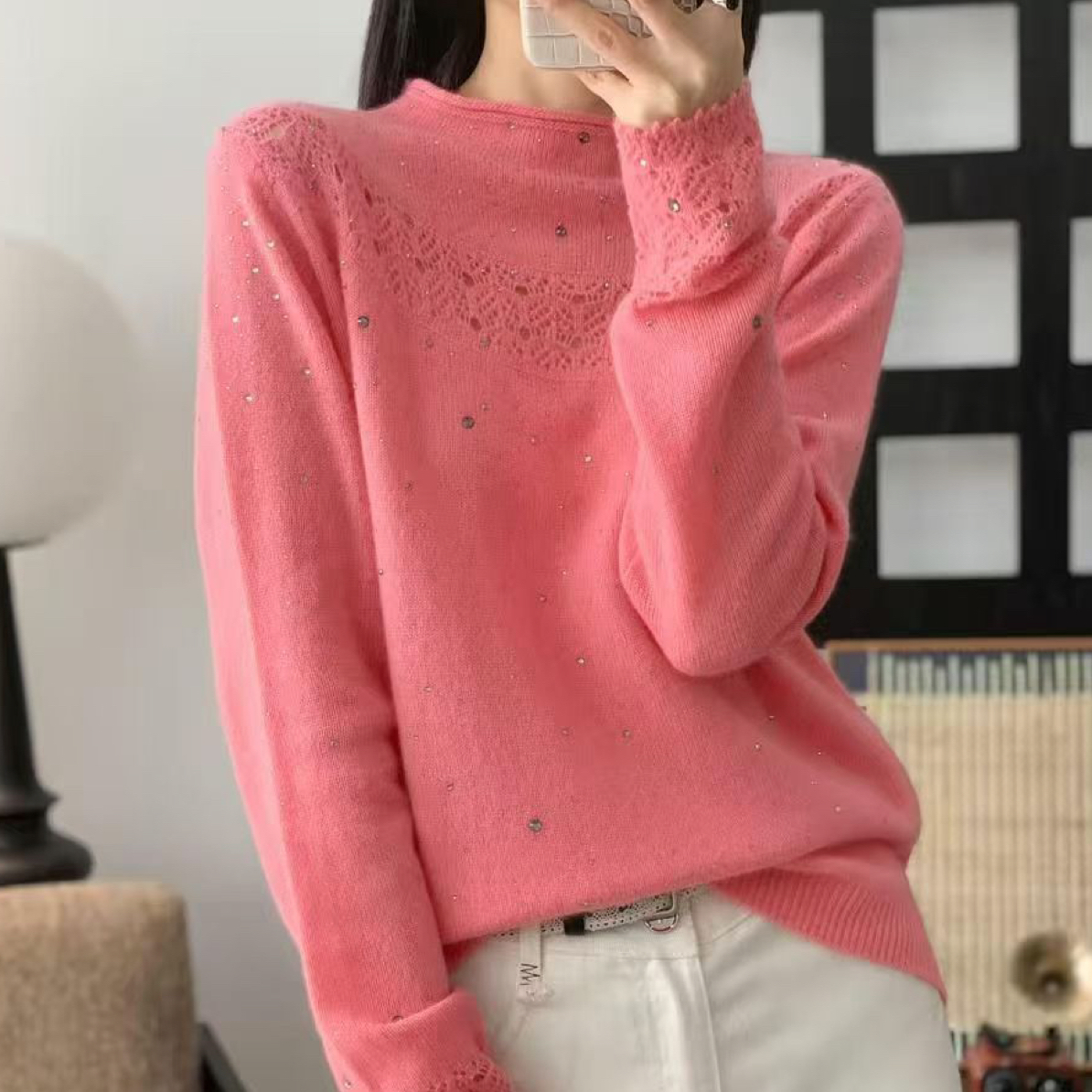 半高领绵钩花烫钻纯色秋冬温暖长袖针织打底衫女毛衣