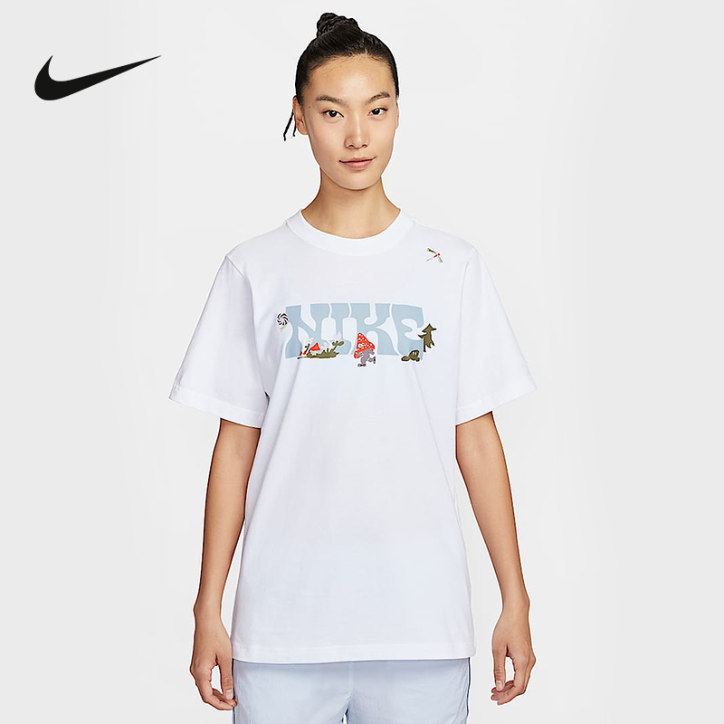 NIKE/耐克女子夏季纯棉运动印花图案宽松圆领短袖T恤IF0607-100