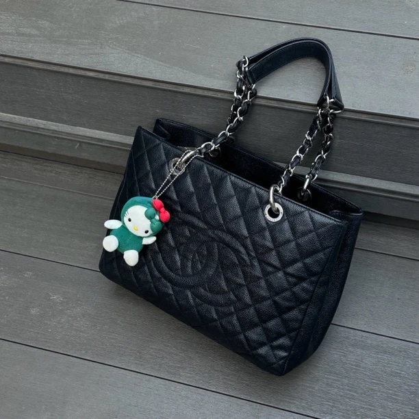 95新 Chanel/香奈儿 只盒/Chanel经典款黑银鱼子酱GST单肩包