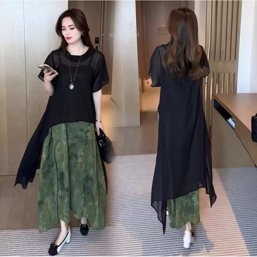 2025夏季新款遮肉长款雪纺裙子时尚两件套7013【2】