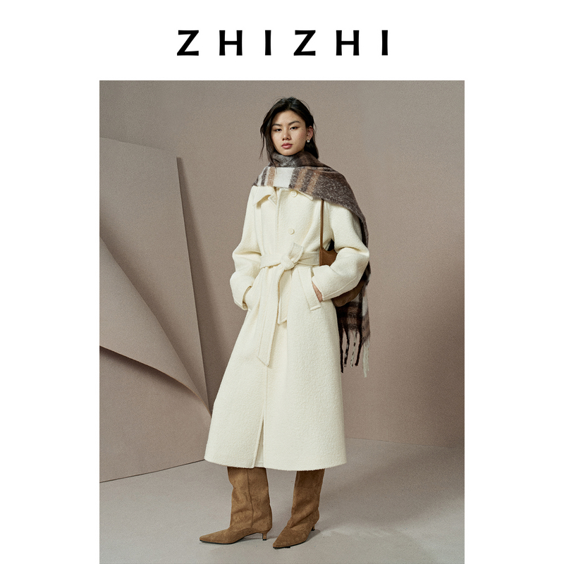 致知 四园竹 垂顺简约挺阔感圈呢毛呢大衣长款ZZ2EWWWT002