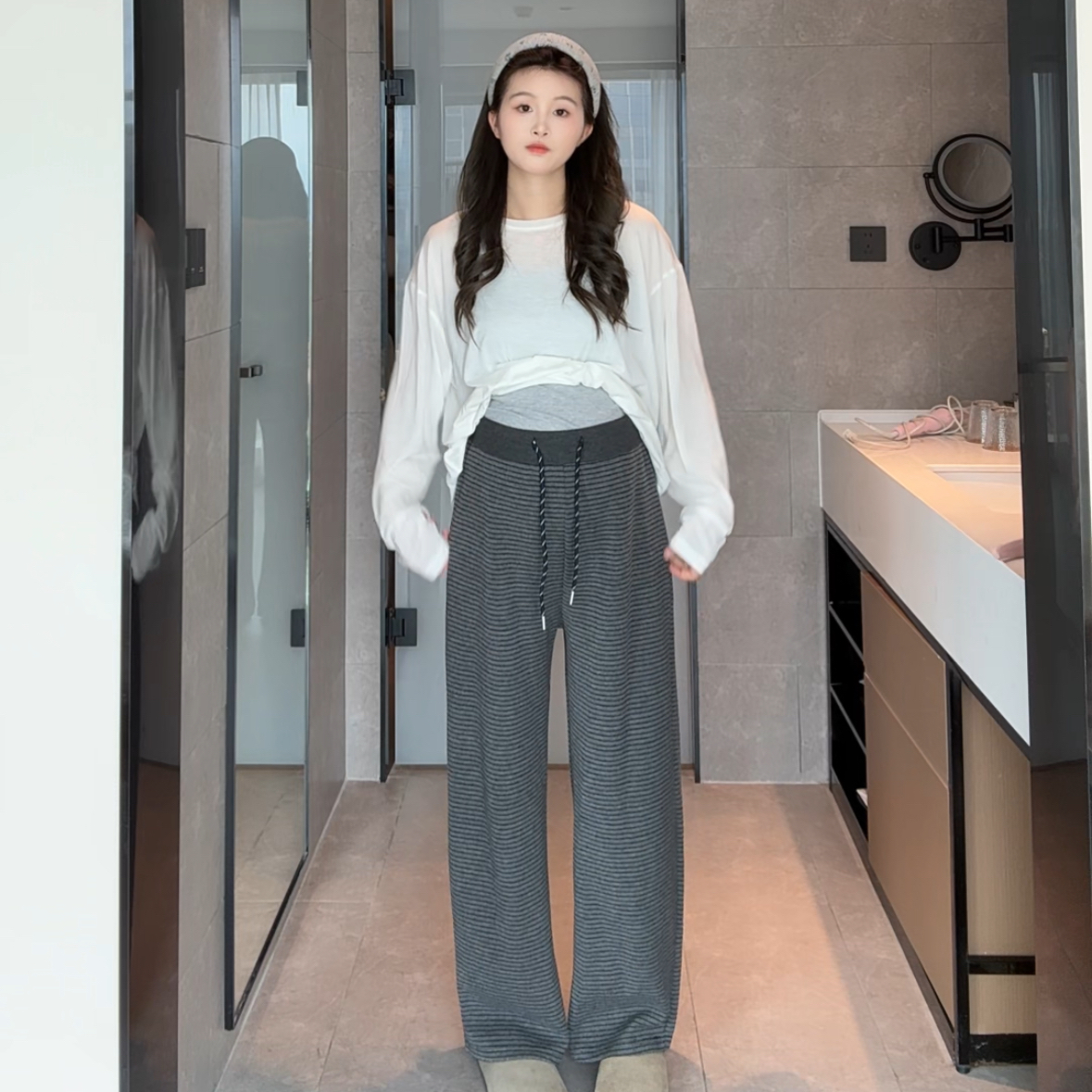 弯刀条纹裤~2025年秋季新款阔腿孕妇裤子外穿显瘦宽松撞色拼接裤