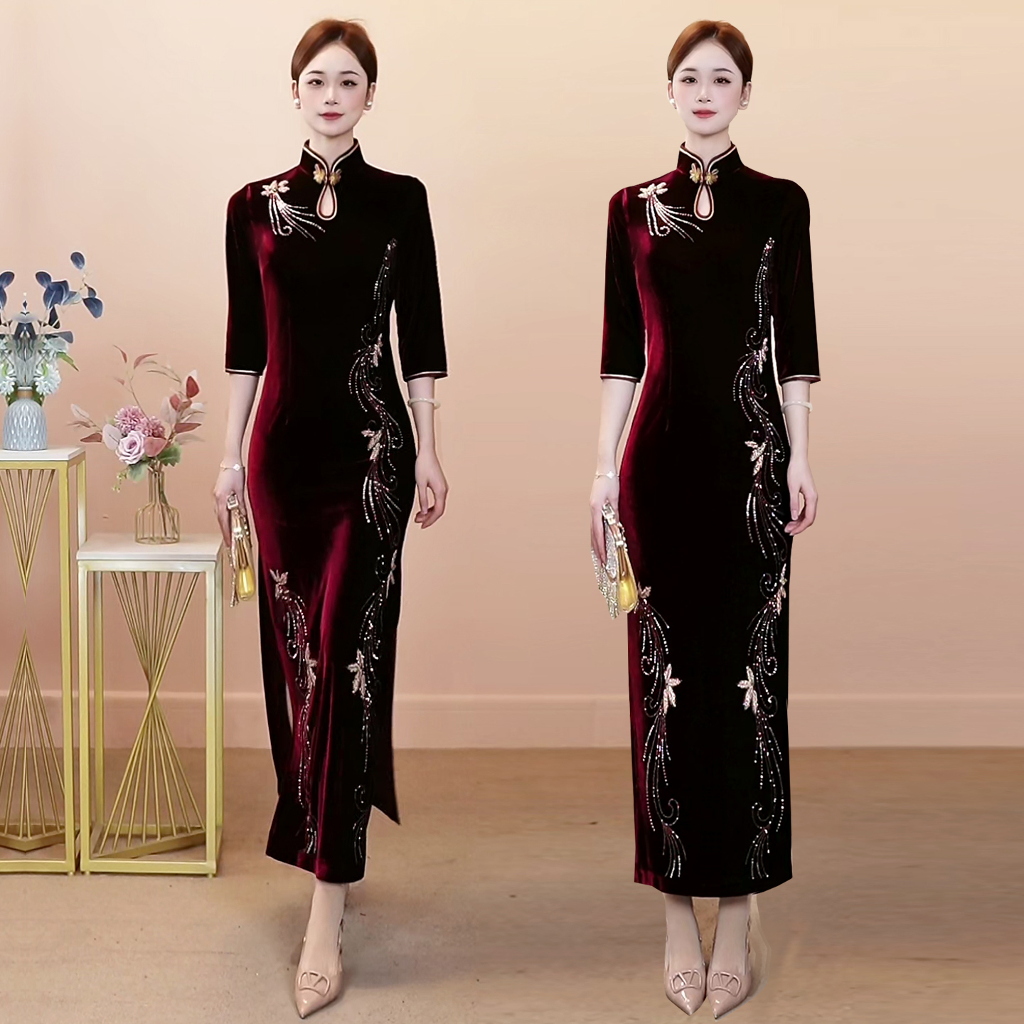 高端金丝绒旗袍连衣裙洋气年轻喜婆婆秋冬婚宴装2025结婚妈妈礼服