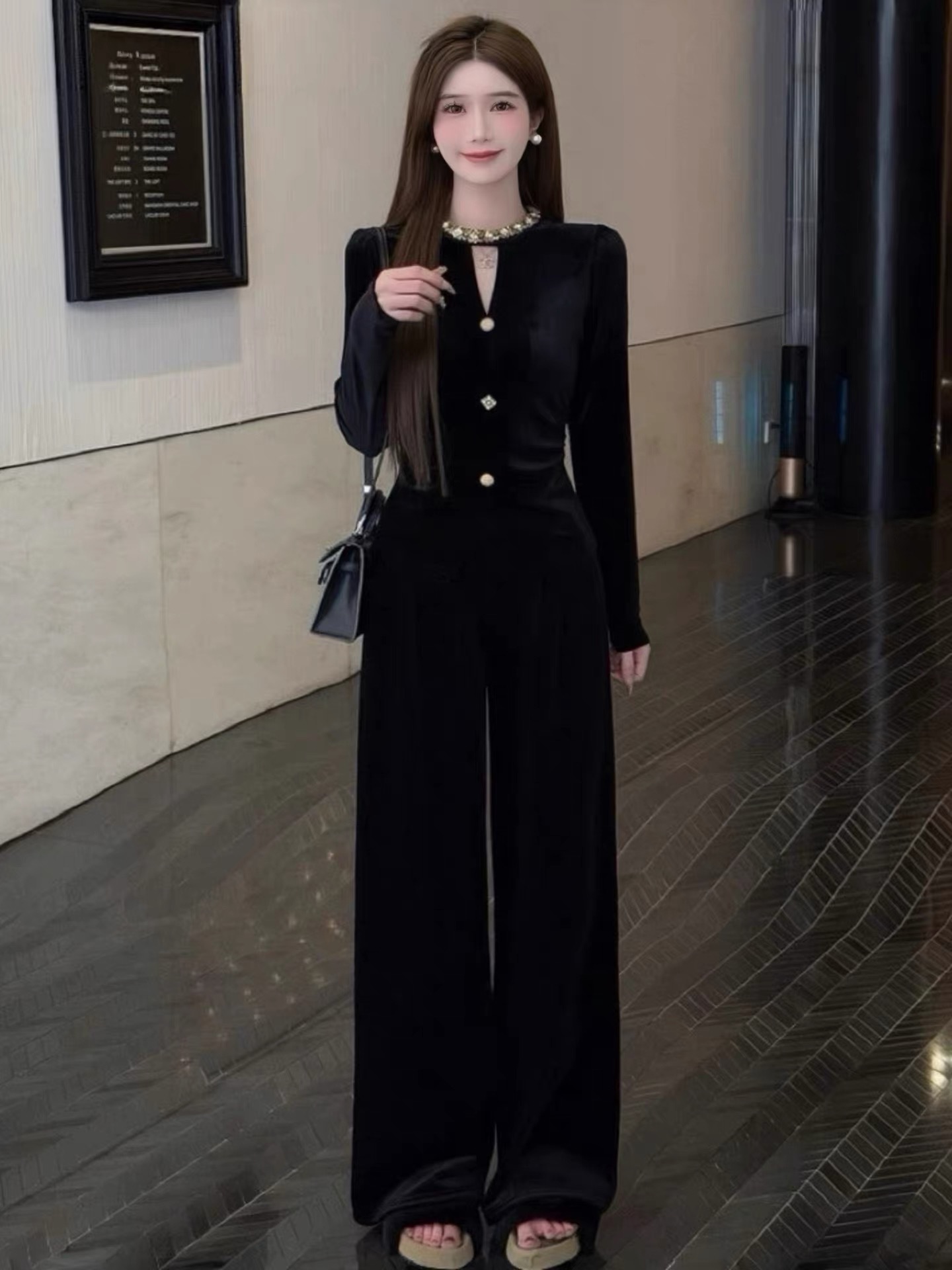 秋冬穿搭一整套高级感加绒阔腿裤两件套御姐气质套装