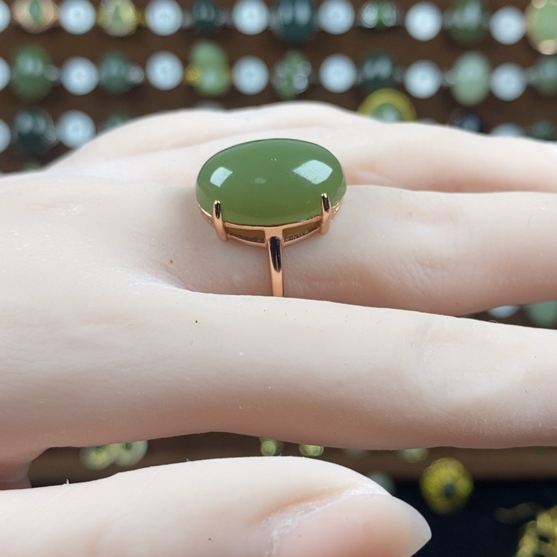 和田玉（青白玉）戒指银S925镀金镶嵌