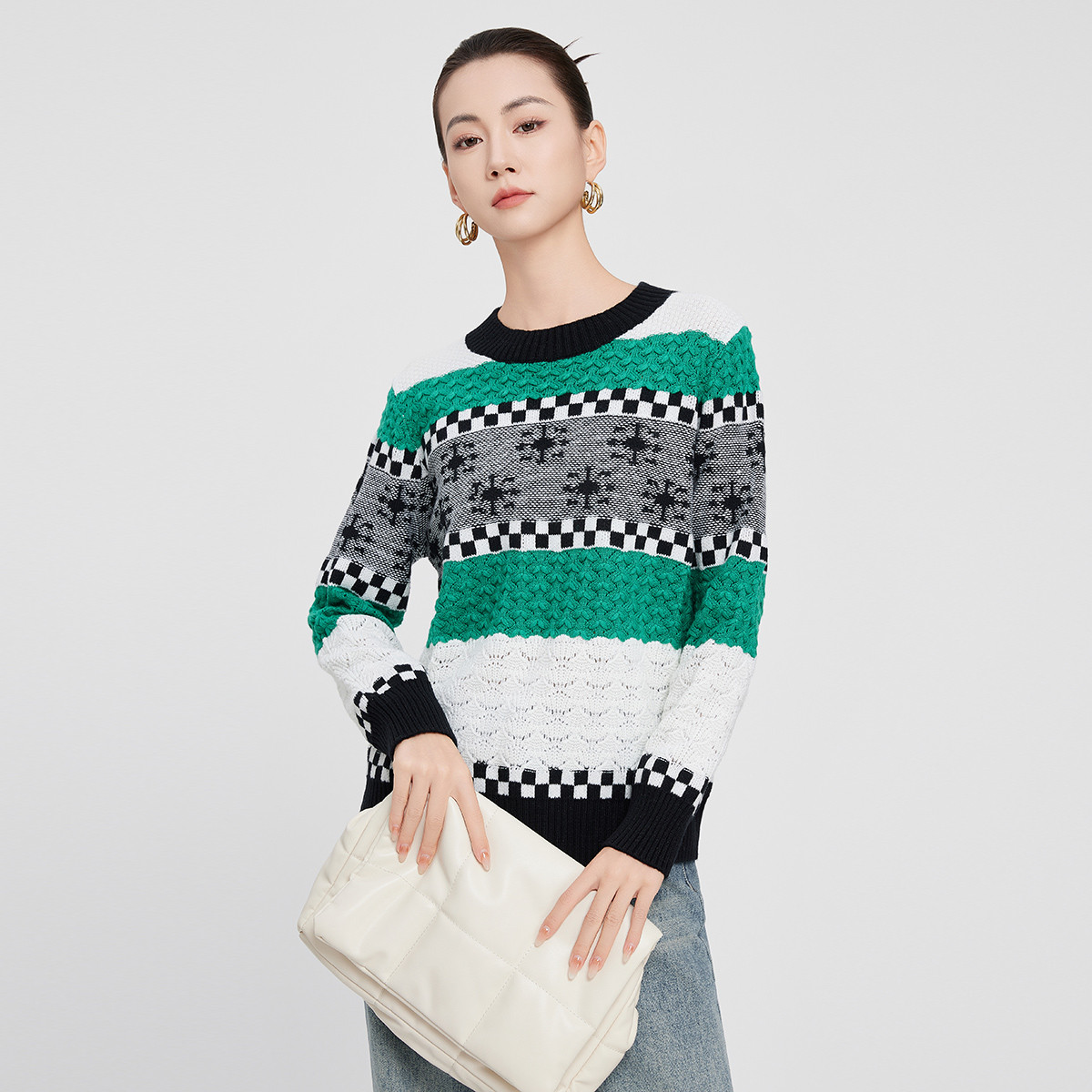 【达人专享】印花毛衣秋季撞色百搭套头衫可外穿女式上衣GD922778