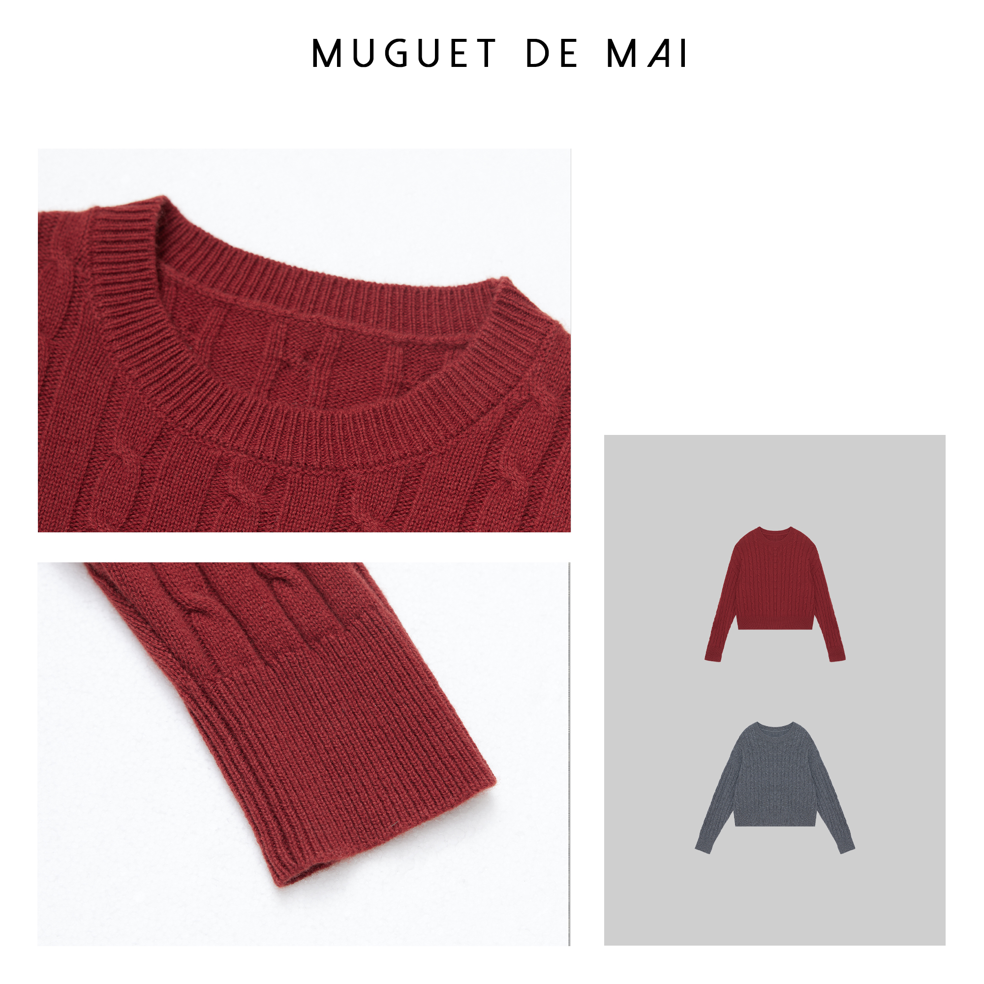 【MGDM】100％羊毛绞花毛衣红灰针织长袖 新款 YYZ24048