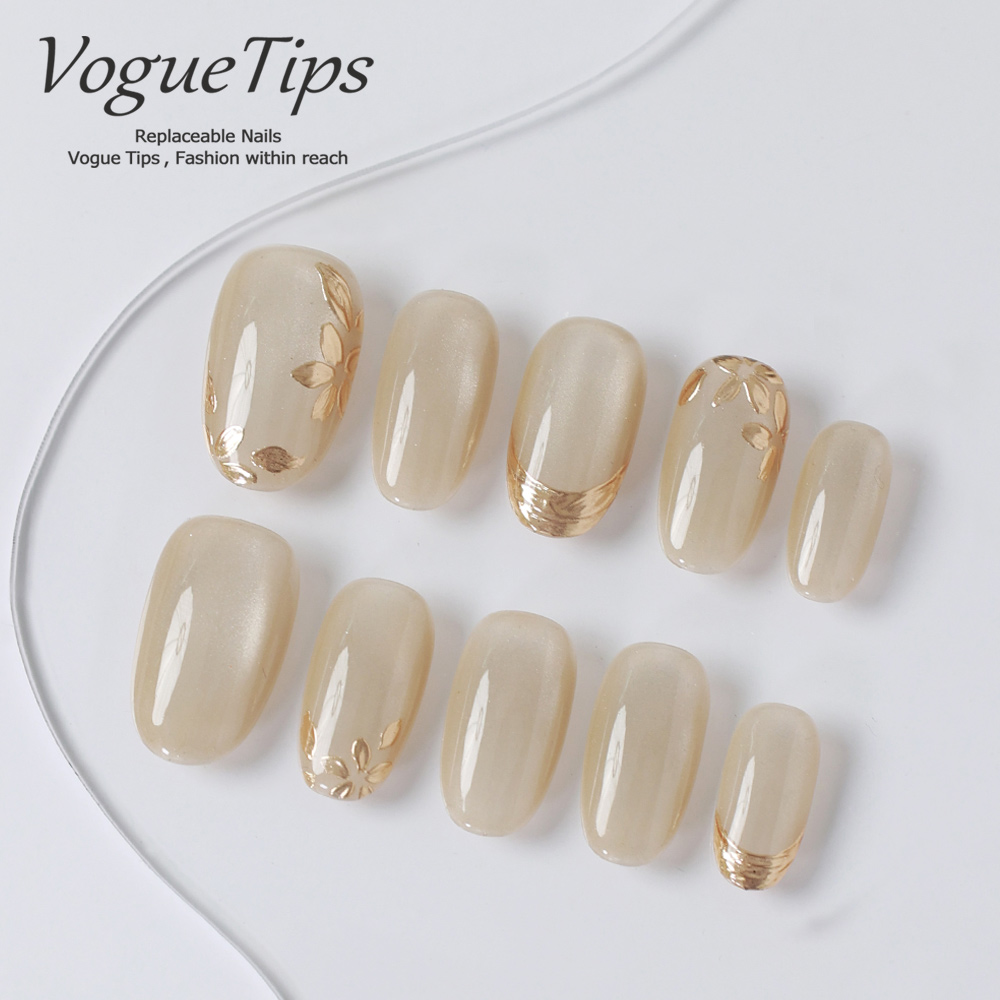 VogueTips 金叶纱手工穿戴甲优雅香槟色描金成品甲片短椭圆ZB711